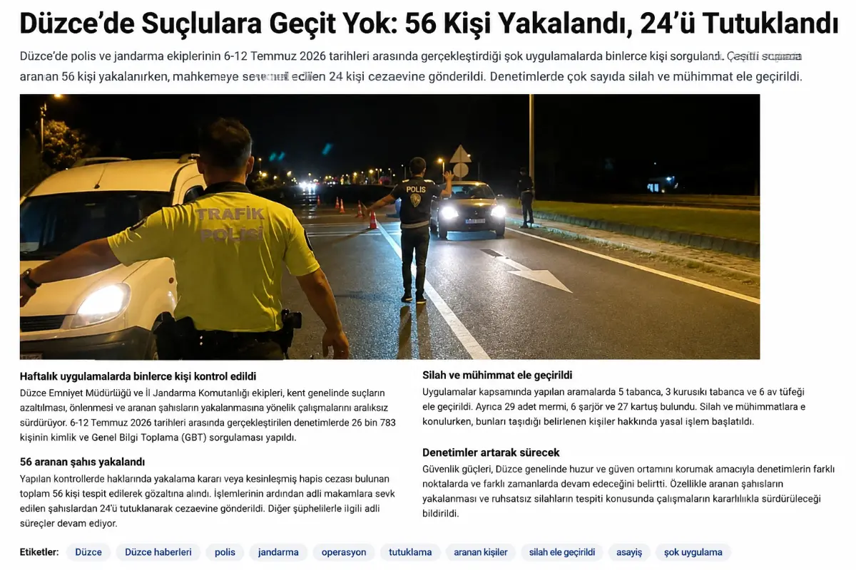 Düzce’de Polis ve Jandarmadan Aranan Kişilere Operasyon: 24 Tutuklama